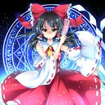  bare_shoulders black_hair bow detached_sleeves hair_bow hair_ribbon hakurei_reimu highres magic_circle miy@ ofuda ribbon solo touhou yellow_eyes 