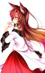  animal_ears brown_hair chikuwa_savi dress finger_licking fingernails from_side highres imaizumi_kagerou licking long_fingernails long_hair long_sleeves nail_polish red_eyes red_nails solo tongue tongue_out touhou wolf_ears 