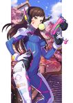  armor bangs bodysuit boots bracer breasts brown_eyes brown_hair bubble_blowing chewing_gum cowboy_shot d.va_(overwatch) facepaint facial_mark finger_on_trigger gloves gun hand_up headphones highres holding holding_gun holding_weapon kotatsu_(g-rough) long_hair long_sleeves medium_breasts overwatch pauldrons petals pilot_suit ribbed_bodysuit shoulder_pads skin_tight solo thigh_boots thigh_strap thighhighs turtleneck weapon whisker_markings white_footwear white_gloves 