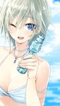  ;d anastasia_(idolmaster) bikini blue_eyes breasts cleavage idolmaster idolmaster_cinderella_girls jewelry long_eyelashes medium_breasts necklace one_eye_closed open_mouth pendant ramune short_hair silver_hair smile solo swimsuit yahako 