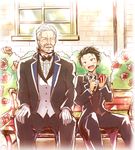  :d apple beard bench black_hair blush butler buttons closed_eyes facial_hair fang flower food formal fruit gaa_(butsugen) gloves holding holding_food holding_fruit knife long_sleeves male_focus multiple_boys mustache natsuki_subaru old_man open_mouth outdoors plant re:zero_kara_hajimeru_isekai_seikatsu rose sitting smile white_gloves white_hair wilhelm_(re:zero) window 