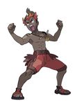  absurdres commentary dark_skin dark_skinned_male full_body highres jewelry kaki_(pokemon) male_focus multicolored_hair official_art open_mouth pendant pokemon pokemon_(game) pokemon_sm sandals shorts solo sugimori_ken trial_captain two-tone_hair very_dark_skin 