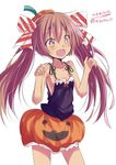  bangs bare_arms bare_shoulders blush breasts brown_eyes brown_hair collarbone cowboy_shot dark_skin eyebrows eyebrows_visible_through_hair highres hizaka kantai_collection libeccio_(kantai_collection) long_hair open_mouth pumpkin_hat pumpkin_pants sidelocks simple_background sleeveless small_breasts smile solo standing striped twintails twitter_username white_background 