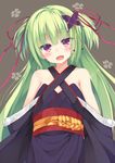  :d bare_shoulders blush brown_background butterfly_hair_ornament east01_06 green_hair hair_ornament hair_ribbon highres japanese_clothes long_hair looking_at_viewer murasame_(senren) open_mouth purple_eyes red_ribbon ribbon senren_banka smile solo two_side_up 
