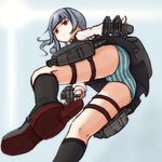  :| brown_eyes closed_mouth commentary_request from_below grey_hair highres kantai_collection kasumi_(kantai_collection) kneehighs looking_at_viewer open_eyes panties parins solo striped striped_panties underwear v-shaped_eyebrows 
