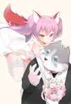  1girl animal_ears artist_request bare_shoulders bouquet brown_eyes dog_ears dress elbow_gloves elin_(tera) fang flower formal furry garter_straps gloves hug jumping long_hair necktie pink_hair popori shirt smile strapless strapless_dress suit tail tera_online thighhighs twintails wedding_dress white_dress white_legwear wolf wolf_ears 