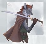  anthro beard canine clothed clothing diesel_wiesel facial_hair looking_at_viewer male mammal melee_weapon simple_background solo standing sword weapon 