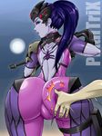  1girl ass blue_hair blush bodysuit breasts brown_eyes deep_skin from_behind gun huge_ass jiggle long_hair looking_back looking_down open_mouth overwatch pixaltrix ponytail purple_skin rifle shiny shiny_clothes shiny_hair shiny_skin shocked skin_tight sniper_rifle spanked spanking surprised tattoo thigh_strap weapon widowmaker_(overwatch) 