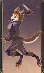  anthro armor clothed clothing diesel_wiesel dragon fangs female fingerless_gloves fur furred_dragon gloves horn knife open_mouth simple_background solo standing teeth tongue 