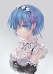  absurdres azomo black_ribbon blue_eyes blue_hair detached_sleeves dress grey_hair hair_ribbon highres lace-trimmed_sleeves pink_ribbon re:zero_kara_hajimeru_isekai_seikatsu rem_(re:zero) ribbon ribbon-trimmed_collar ribbon_trim short_hair simple_background solo upper_body 