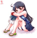  blouse blush breast_press casual_one-piece_swimsuit dated highres kanon_(kurogane_knights) kantai_collection legs_folded one-piece_swimsuit polka_dot polka_dot_swimsuit sandals school_swimsuit scrunchie solo swimsuit ushio_(kantai_collection) wrist_scrunchie 