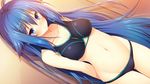  1girl ahoge aristear_remain arms_behind_back astronauts astronauts_comet bare_shoulders blue_eyes blue_hair blush closed_mouth collarbone erect_nipples female furukawa_mai game_cg hairclip kokusan_moyashi long_hair looking_at_viewer midriff navel rozea shy solo standing swimsuit very_long_hair 