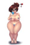  1girl areola_slip areolae bangs bikini breasts brown_eyes brown_hair cleavage glasses hair_bun hair_ornament hairpin ice_cream large_breasts looking_at_viewer mei_(overwatch) overwatch pastelletta plump sidelocks solo standing thick_thighs thighs wide_hips 