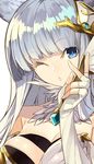  animal_ears bangs bare_shoulders blue_eyes breasts cat_ears close-up elbow_gloves erune fingerless_gloves gloves granblue_fantasy hair_ornament korwa large_breasts long_hair looking_at_viewer one_eye_closed quill senmu silver_hair solo upper_body white_gloves 