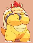  2016 blush bowser collar crossed_arms cuffs_(disambiguation) garousuki hair horn koopa mario_bros nintendo red_hair scalie shell simple_background slightly_chubby solo standing video_games 