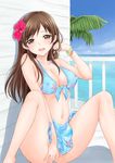  bikini breasts brown_eyes brown_hair cleavage earrings flower hair_flower hair_ornament hibiscus idolmaster idolmaster_cinderella_girls jewelry large_breasts long_hair navel nitta_minami no_panties ocean open_mouth ozaki_mirai palm_tree porch pussy_juice solo swimsuit tree 