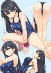  ahoge arched_back armpits ass bare_legs bare_shoulders barefoot bent_over black_hair blue_swimsuit blush breasts brown_eyes closed_eyes gintarou_(kurousagi108) kantai_collection large_breasts long_hair multiple_views one-piece_swimsuit open_mouth polka_dot polka_dot_swimsuit scrunchie smile stretch swimsuit ushio_(kantai_collection) wrist_scrunchie 