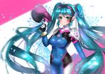  aqua_eyes aqua_hair bodysuit breasts cosplay covered_navel d.va_(overwatch) d.va_(overwatch)_(cosplay) facial_mark gun hatsune_miku long_hair looking_at_viewer medium_breasts narami overwatch smile solo twintails very_long_hair vocaloid weapon whisker_markings 