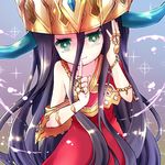  black_hair crown dress finger_to_mouth green_eyes horns jewelry male_focus off_shoulder paimon_(p&amp;d) pikomarie puzzle_&amp;_dragons shushing solo 