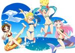  aqua_hair ball barefoot beachball bikini blonde_hair blue_eyes brown_hair closed_eyes eyewear_on_head fuusen_neko green_eyes hatsune_miku inflatable_dolphin inflatable_toy innertube jumping kagamine_rin long_hair megurine_luka meiko multiple_girls pink_hair red_eyes riding scrunchie short_hair sunglasses swimsuit twintails vocaloid water 