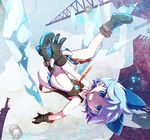  alternate_costume blue_eyes blue_hair bow cirno clenched_teeth full_body grin hair_bow ice ice_wings inuinui sleeveless smile solo teeth touhou upside-down wings 