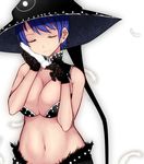 :3 adapted_costume aoshima bangs black_hat blue_hair breasts cleavage closed_eyes closed_mouth commentary_request crop_top doremy_sweet eyebrows eyebrows_visible_through_hair eyelashes feathers fur_trim gloves hat holding lace lace_gloves large_breasts navel short_hair sleeveless solo stomach touhou upper_body 