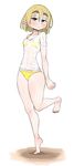 bikini bikini_under_clothes blonde_hair blush breasts eyebrows full_body green_eyes highres looking_at_viewer mizuhashi_parsee pointy_ears see-through shirt short_hair small_breasts solo standing standing_on_one_leg swimsuit t-shirt takeu thick_eyebrows touhou yellow_bikini 
