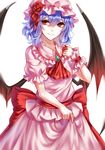  absurdres ascot bad_id bad_pixiv_id bat_wings blood bloody_hands blue_hair brooch cowboy_shot frilled_shirt_collar frilled_sleeves frills hat hat_ribbon highres jewelry lifted_by_self looking_at_viewer mob_cap pink_shirt pink_skirt puffy_short_sleeves puffy_sleeves red_eyes red_ribbon remilia_scarlet ribbon sash sheya shirt short_hair short_sleeves skirt skirt_lift skirt_set smile solo touhou white_background wings wrist_cuffs 