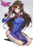  bangs bodysuit breasts brown_eyes brown_hair covered_navel d.va_(overwatch) danann facial_mark gloves gun headphones holding holding_gun holding_weapon long_hair medium_breasts overwatch pilot_suit revision sitting skin_tight smile solo swept_bangs weapon whisker_markings white_gloves 