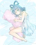  bare_shoulders barefoot blue_hair body_pillow kaku_seiga lingerie looking_at_viewer lying makuwauri negligee on_side one_eye_closed pillow pillow_hug solo spaghetti_strap touhou underwear 