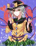  absurdres bad_id bad_pixiv_id black_hat blood bloody_hands bloody_knife blue_background blue_flower blue_nails blue_rose bow cowboy_shot empty_eyes eyeball floral_print flower frilled_shirt_collar frilled_sleeves frills green_eyes green_skirt hat hat_bow hat_flower heart heart_of_string highres holding holding_knife knife komeiji_koishi long_sleeves looking_at_viewer nail_polish rose sheya shirt short_hair silver_hair skirt smile solo third_eye touhou wide_sleeves yellow_bow yellow_shirt 