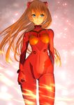  bangs blue_eyes bodysuit bracer breasts clenched_hand closed_mouth cowboy_shot evangelion:_3.0_you_can_(not)_redo gloves glowing hair_between_eyes headgear highres hips long_hair looking_at_viewer medium_breasts neon_genesis_evangelion number orange_hair pilot_suit plugsuit rebuild_of_evangelion serious shikinami_asuka_langley slender_waist smile_(qd4nsvik) solo souryuu_asuka_langley standing tape turtleneck very_long_hair 