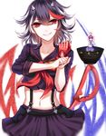  alternate_costume arms_up bad_id bad_pixiv_id black_hair black_nails black_serafuku black_skirt blue_skirt bowl collarbone cosplay crop_top crop_top_overhang gloves grin highres horns kijin_seija kill_la_kill looking_at_viewer mankanshoku_mako mankanshoku_mako_(cosplay) matoi_ryuuko matoi_ryuuko_(cosplay) midriff minigirl miniskirt multicolored_hair multiple_girls nail_polish navel neckerchief pleated_skirt pose purple_eyes purple_hair red_eyes red_gloves red_hair revealing_clothes school_uniform scissor_blade senketsu serafuku sheya short_hair short_sleeves single_glove skirt smile streaked_hair sukuna_shinmyoumaru suspenders touhou white_background white_hair 