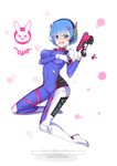  2016 absurdres acronym aqua_eyes armor artist_name bangs blue_eyes blue_hair blunt_bangs blush bodysuit boots bracer breasts character_name charm_(object) cosplay covering covering_breasts d.va_(overwatch) d.va_(overwatch)_(cosplay) dated embarrassed eyebrows eyebrows_visible_through_hair eyes_visible_through_hair facepaint facial_mark gloves gun hair_ornament hand_up handgun headphones high_collar highres holding holding_gun holding_weapon large_breasts looking_at_viewer medium_breasts nose_blush open_mouth overwatch pauldrons pilot_suit re:zero_kara_hajimeru_isekai_seikatsu rem_(re:zero) ribbed_bodysuit short_hair shoulder_pads skin_tight solo thigh_boots thigh_strap thighhighs turtleneck violetsang weapon whisker_markings white_footwear white_gloves white_legwear x_hair_ornament 
