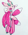  arthropod blush buterfly_wings cute flora_fauna insect looking_at_viewer looking_back looking_to_right lurantis mantis nintendo pink_eyes plant pok&eacute;mon traditional_media_(artwork) video_games vvorrall wings 