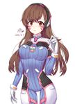  2016 albinoraccoon armor artist_name bangs bodysuit bracer breasts brown_eyes brown_hair closed_mouth cowboy_shot d.va_(overwatch) dated eyebrows_visible_through_hair facepaint facial_mark gloves hand_up headphones high_collar highres long_hair looking_at_viewer medium_breasts overwatch pauldrons pilot_suit ribbed_bodysuit shoulder_pads simple_background skin_tight solo thigh_strap turtleneck whisker_markings white_background white_gloves 
