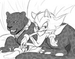  ambiguous_gender angelofhapiness anthro chain chest_tuft claws clothing collar crossed_legs feet feline feral fur gloves half-closed_eyes hedgehog leash legwear looking_at_viewer lying male mammal monochrome neutral_expression panther pawpads pet reclining shadow_the_hedgehog sharp_teeth sketch socks sonic_(series) teeth tuft 