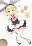  :d animal_ears apron aqua_eyes bangs black_footwear black_skirt blonde_hair blunt_bangs blush bunny_ears chitosezaka_suzu commentary_request cookie cup drinking_glass fleur_de_lapin_uniform food frills from_above glass gochuumon_wa_usagi_desu_ka? hairband holding kirima_sharo looking_at_viewer lying on_back open_mouth outstretched_arms plate puffy_short_sleeves puffy_sleeves shoes short_hair short_sleeves skirt smile solo sweets thighhighs waitress white_legwear wrist_cuffs 