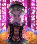  backlighting bare_shoulders black_hat blood bloody_tears blue_flower blue_rose bow breasts cleavage collarbone cowboy_shot crying crying_with_eyes_open eyeball floral_print flower frilled_sleeves frills green_eyes green_hair green_skirt hat hat_bow hat_flower heart heart_of_string highres holding_needle komeiji_koishi long_sleeves looking_at_viewer needle off_shoulder rose sewing_needle sheya shirt short_hair skirt small_breasts smile solo stained_glass stitches stitching tears third_eye touhou wide_sleeves yellow_bow yellow_flower yellow_rose yellow_shirt 