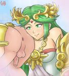  1boy 1girl anus ass blue_background breasts clouds day eyebrows female glazinbuns green_eyes green_hair jewelry kid_icarus kid_icarus_uprising lips long_hair male nintendo nude_male outdoors outside palutena penis sky smile tiara uncensored very_long_hair 