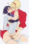  1boy 1girl androgynous areolae ascot ash_crimson bdsm blonde_hair blue_hair blush bound bound_wrists breast_grab breasts collarbone collared_shirt cowboy_shot cum elisabeth_blanctorche eye_contact fingering french_kiss groping headband heart hetero king_of_fighters kiss large_breasts looking_at_another muse_(rainforest) nipples open_clothes open_shirt panties profile short_hair simple_background sitting sketch tongue tongue_out white_background 