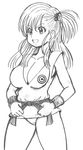  breasts bulma capsule_corp cleavage dougi dragon_ball greyscale highres jewelry koutarosu large_breasts monochrome open_mouth panties short_hair smile solo underwear 