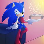  angelofhapiness anthro apron apron_lifted buns clothing food gloves green_eyes hedgehog knee_highs leaning looking_at_viewer male mammal pose smile solo sonic_(series) sonic_the_hedgehog standing steam 