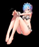  :&gt; adapted_costume barefoot bikini black_background blue_eyes blue_hair blush character_name hair_over_one_eye hairband legs lolita_hairband maid_bikini re:zero_kara_hajimeru_isekai_seikatsu rem_(re:zero) ryota_(ry_o_ta) short_hair simple_background sitting smile solo swimsuit wet wrist_cuffs 