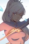  blue_eyes breasts dress earrings jewelry koyorin left-handed long_hair myrtenaster one_eye_closed ponytail rwby scar small_breasts solo sword tumblr_username weapon weiss_schnee white_hair 