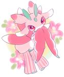  covering_mouth floral_background full_body gen_7_pokemon head_tilt leaning_forward looking_at_viewer lurantis no_humans orchid_mantis pokemon pokemon_(creature) praying_mantis red_eyes solo 