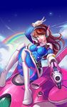  alternate_eye_color animal_print arm_up bangs bodysuit boots bracer breasts breasts_apart brown_hair bubble_blowing bunny_print chewing_gum cloud d.va_(overwatch) facepaint facial_mark gloves green_eyes gun handgun headphones holding holding_gun holding_weapon large_breasts long_hair long_sleeves mecha meka_(overwatch) night night_sky overwatch pauldrons pilot_suit pink_lips rainbow ribbed_bodysuit shoulder_pads sitting skin_tight sky smile solo star_(sky) starry_sky thigh_boots thigh_strap thighhighs turtleneck v weapon whisker_markings white_footwear white_gloves 