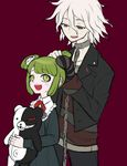  1girl danganronpa green_eyes green_hair komaeda_nagito monaka_(danganronpa) monokuma monotsuki short_hair smile spoilers stuffed_animal stuffed_toy zettai_zetsubou_shoujo 