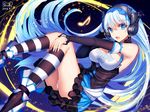  2016 bare_shoulders bison_cangshu blue_eyes blue_hair breasts dated detached_sleeves eighth_note guam_(zhan_jian_shao_nyu) hairband headset kneehighs large_breasts long_hair looking_at_viewer musical_note open_mouth panties solo striped striped_legwear underwear very_long_hair zhan_jian_shao_nyu 