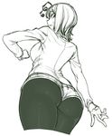 antennae ass breasts from_behind from_below greyscale insect_girl large_breasts looking_back monochrome pantyhose shirt short_hair short_shorts shorts solo space_jin sweatdrop thighs touhou wriggle_nightbug 